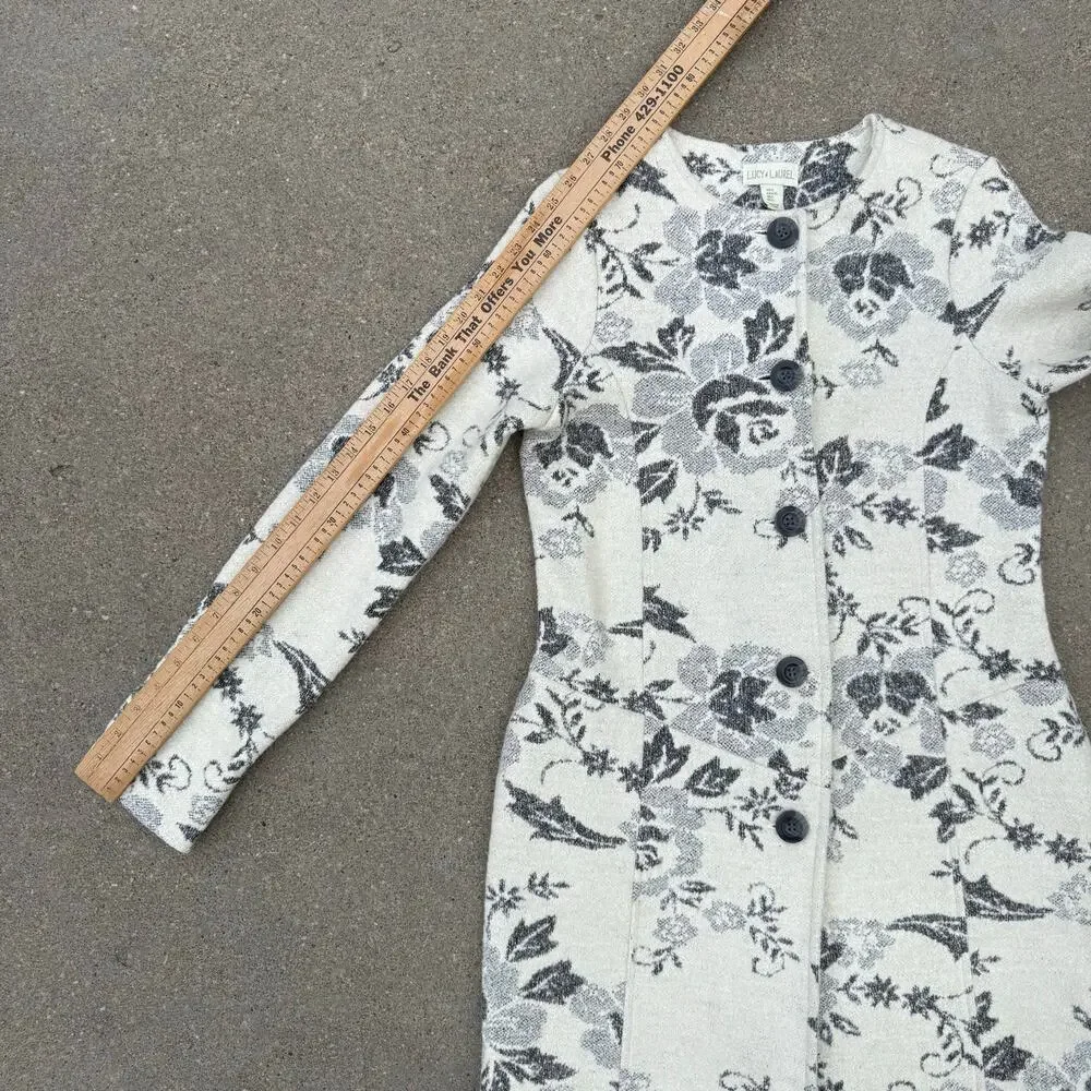 Lucy and Laurel Floral Wool Blend Coat Jacket Cream Gray Button Front Size Large - Picture 10 of 10